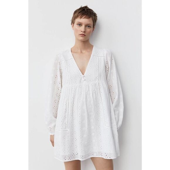 ZARA Openwork Embroidered Long Sleeve White Dress Lined Oversized - Picture 4 of 4